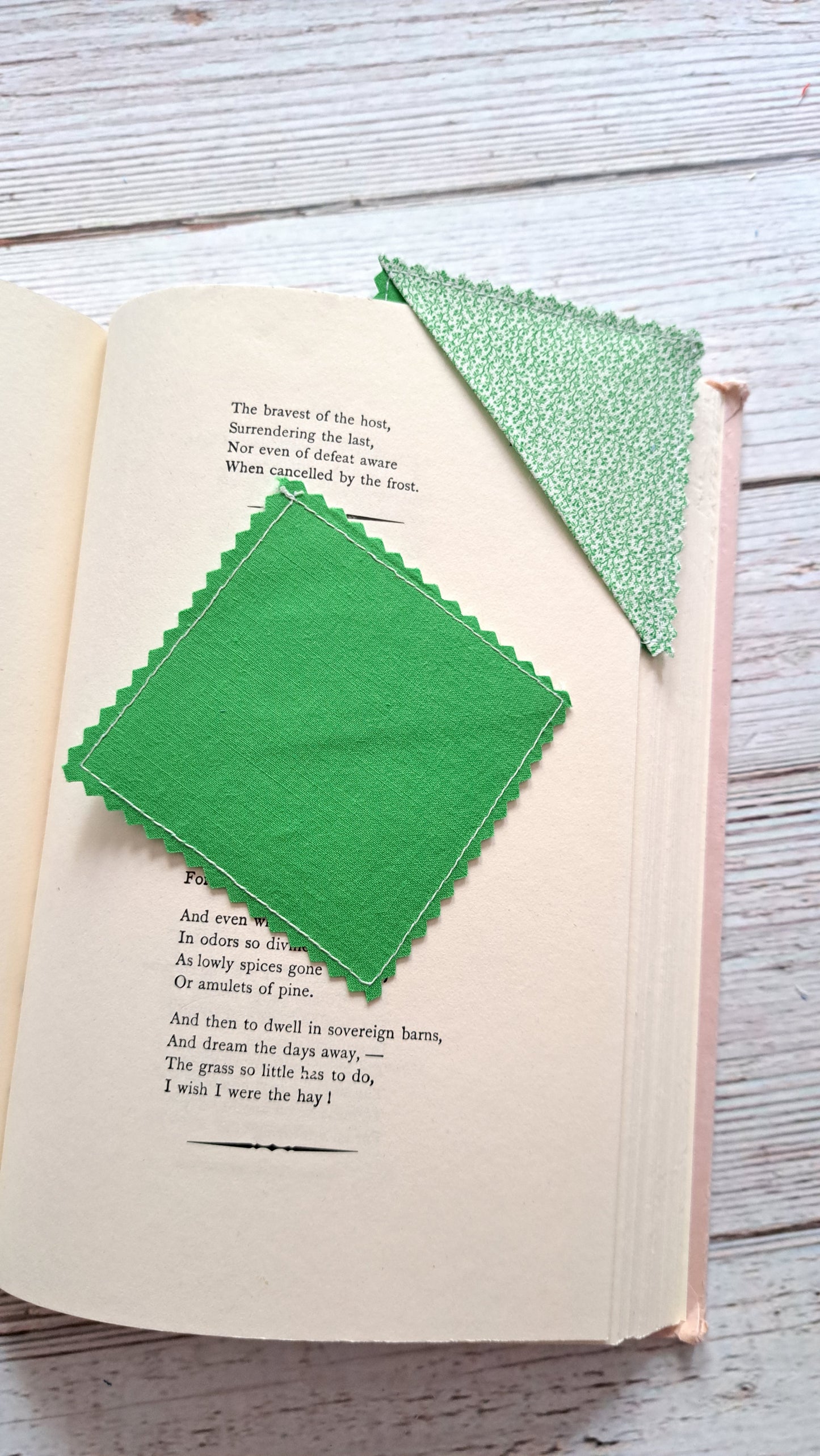 Green Floral Vines on Green Fabric Corner Bookmark