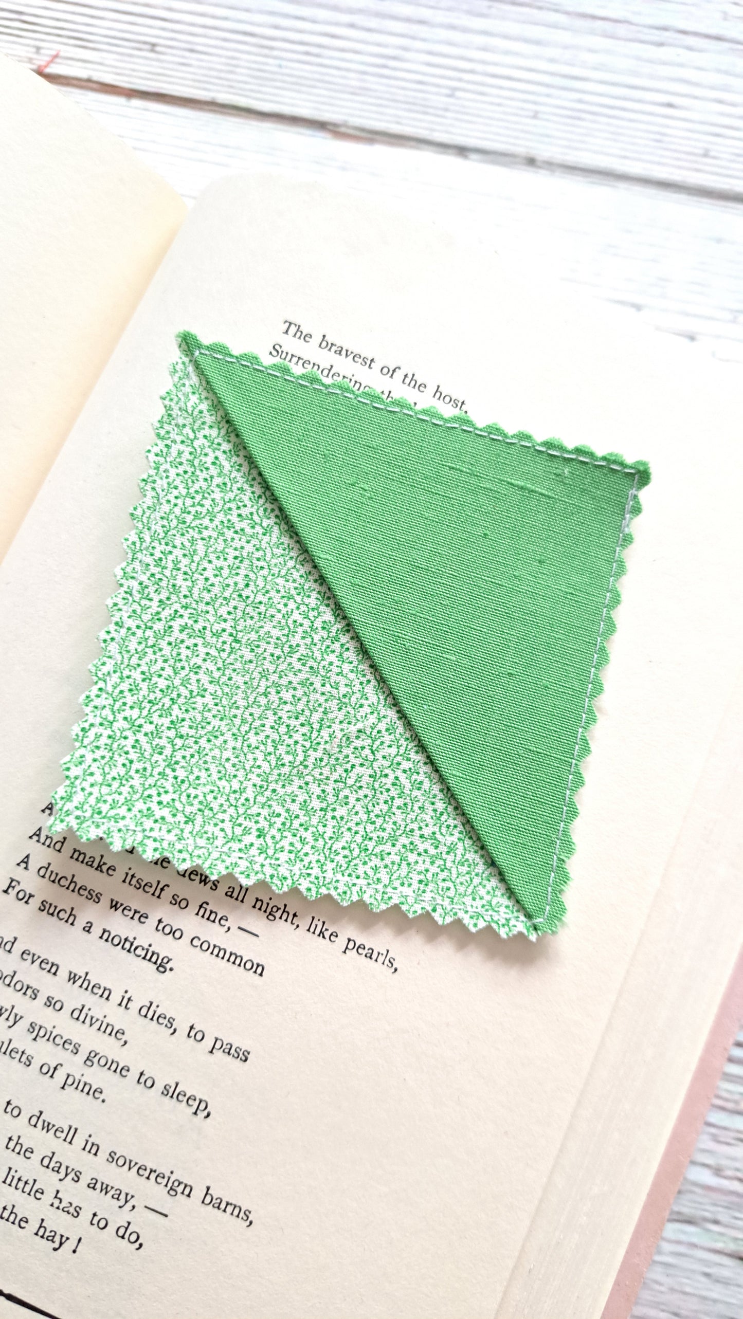 Green with Green Vines on White Fabric Corner Bookmark