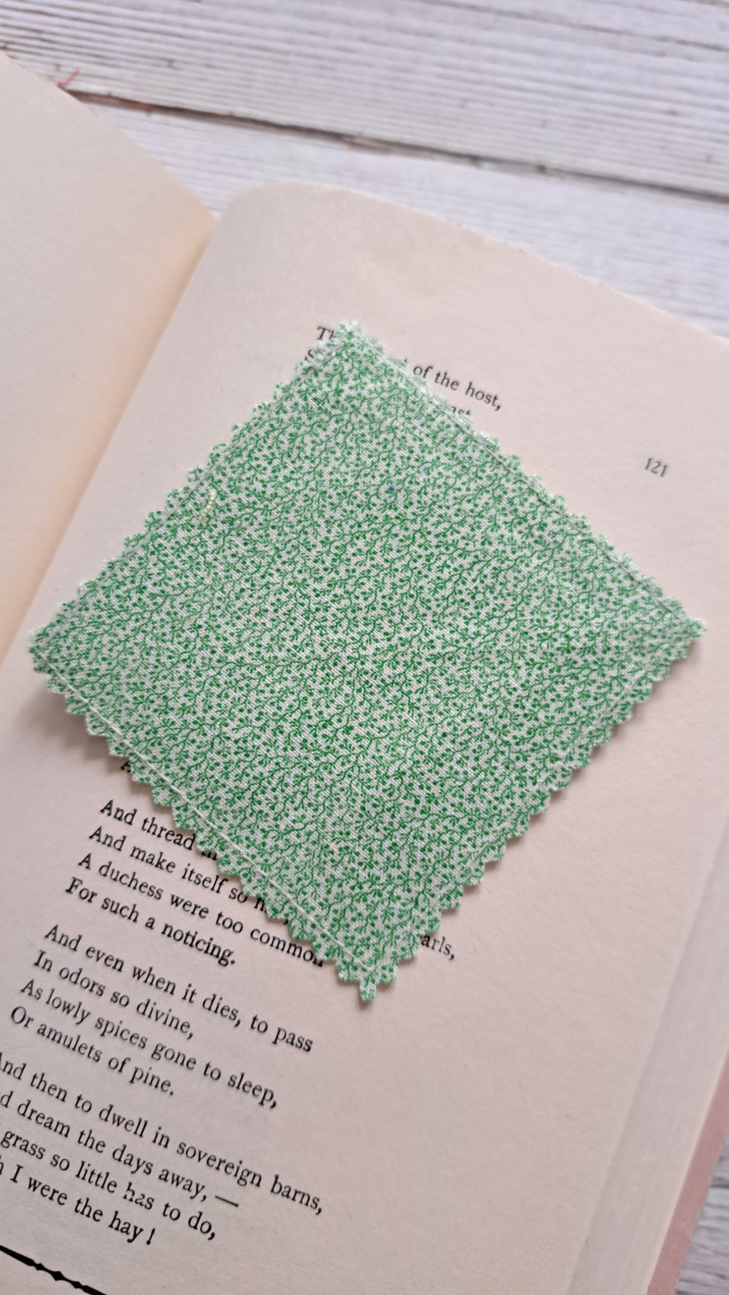 Green with Green Vines on White Fabric Corner Bookmark