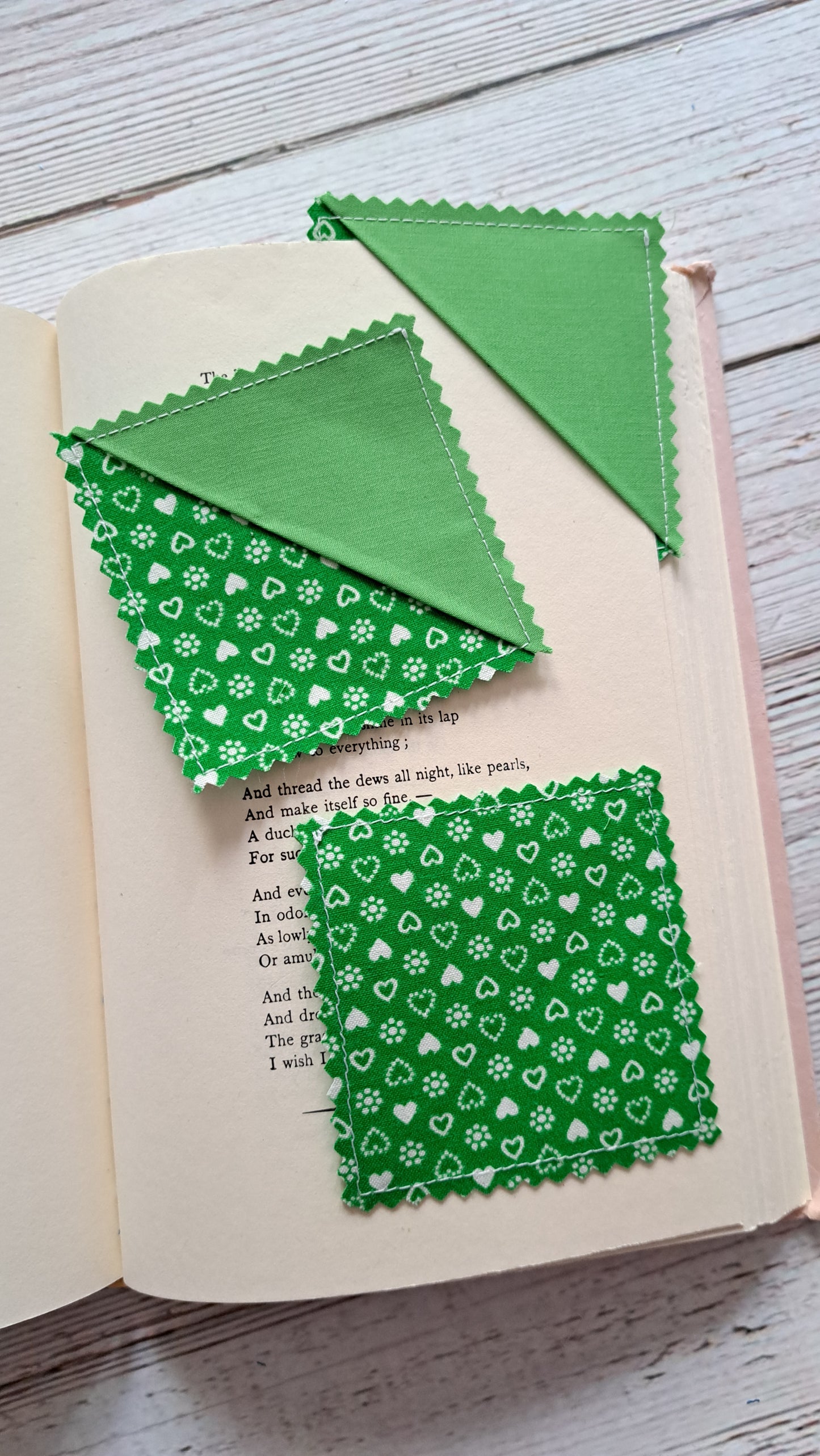 Green with Green & White Hearts Fabric Corner Bookmark