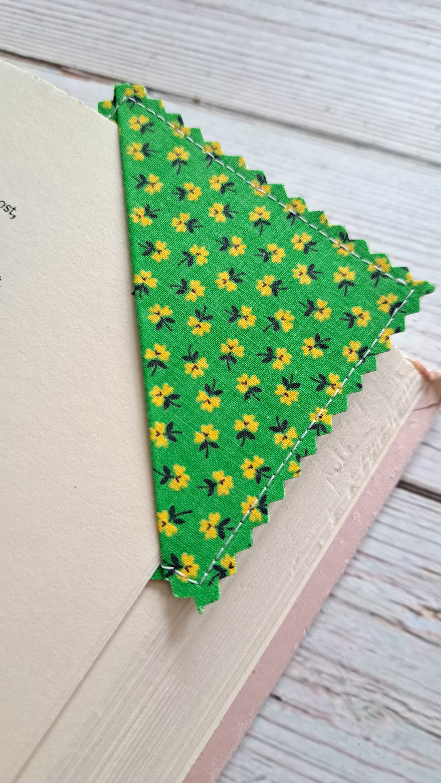 Green and Yellow Floral Fabric Corner Bookmark