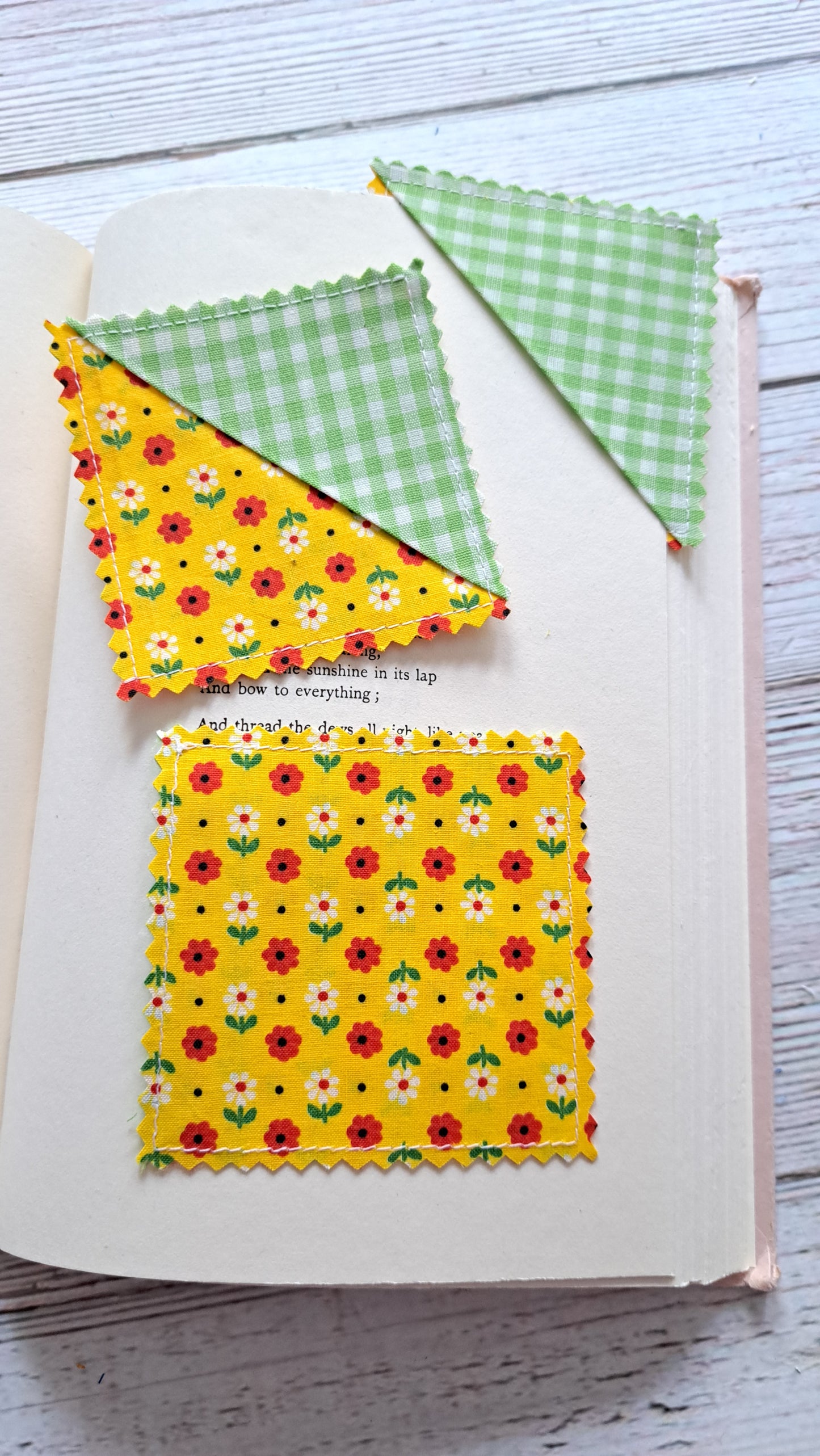 Green and White Gingham with Red/White Floral on Yellow Fabric Corner Bookmark