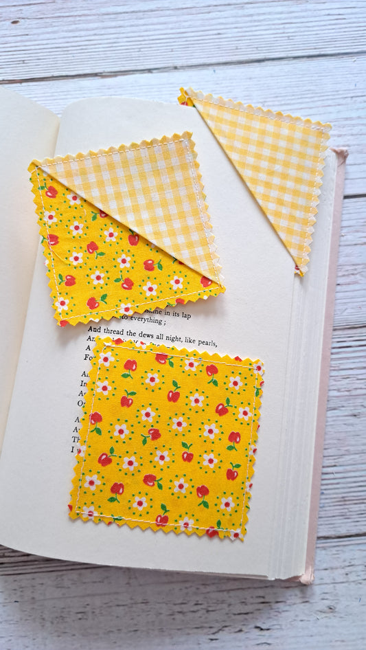 Yellow and White Gingham with Red/White floral on Yellow Fabric Corner Bookmark