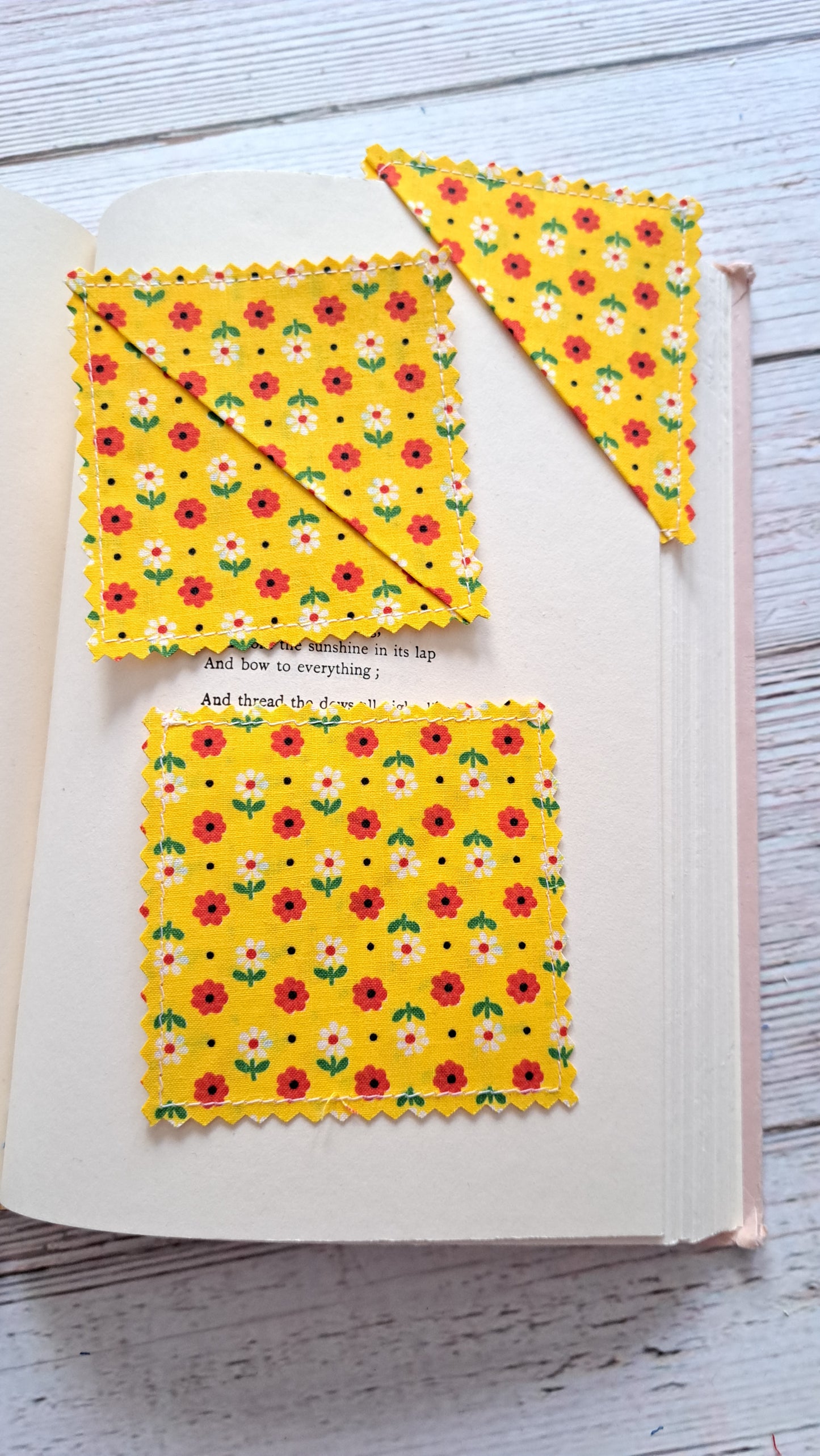 Red and White Floral on Yellow Fabric Corner Bookmark