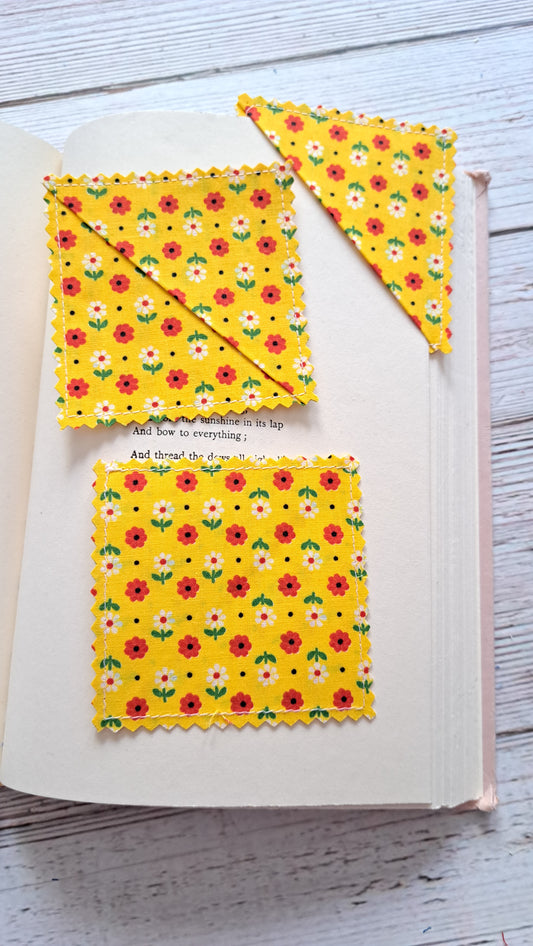 Red and White Floral on Yellow Fabric Corner Bookmark