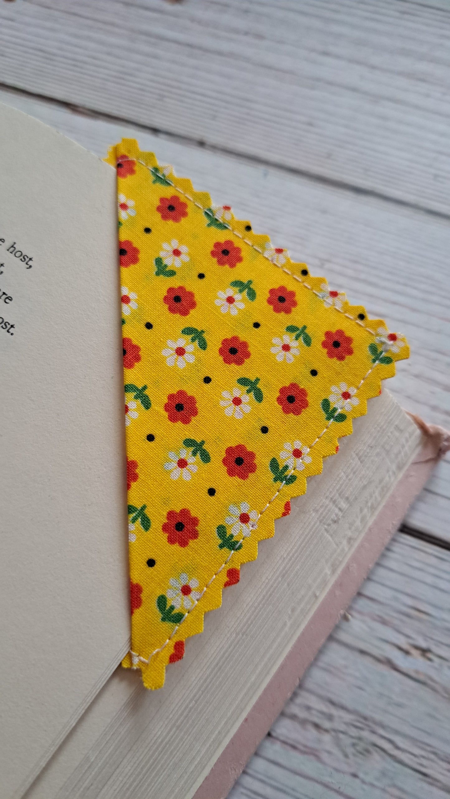 Red and White Floral on Yellow Fabric Corner Bookmark