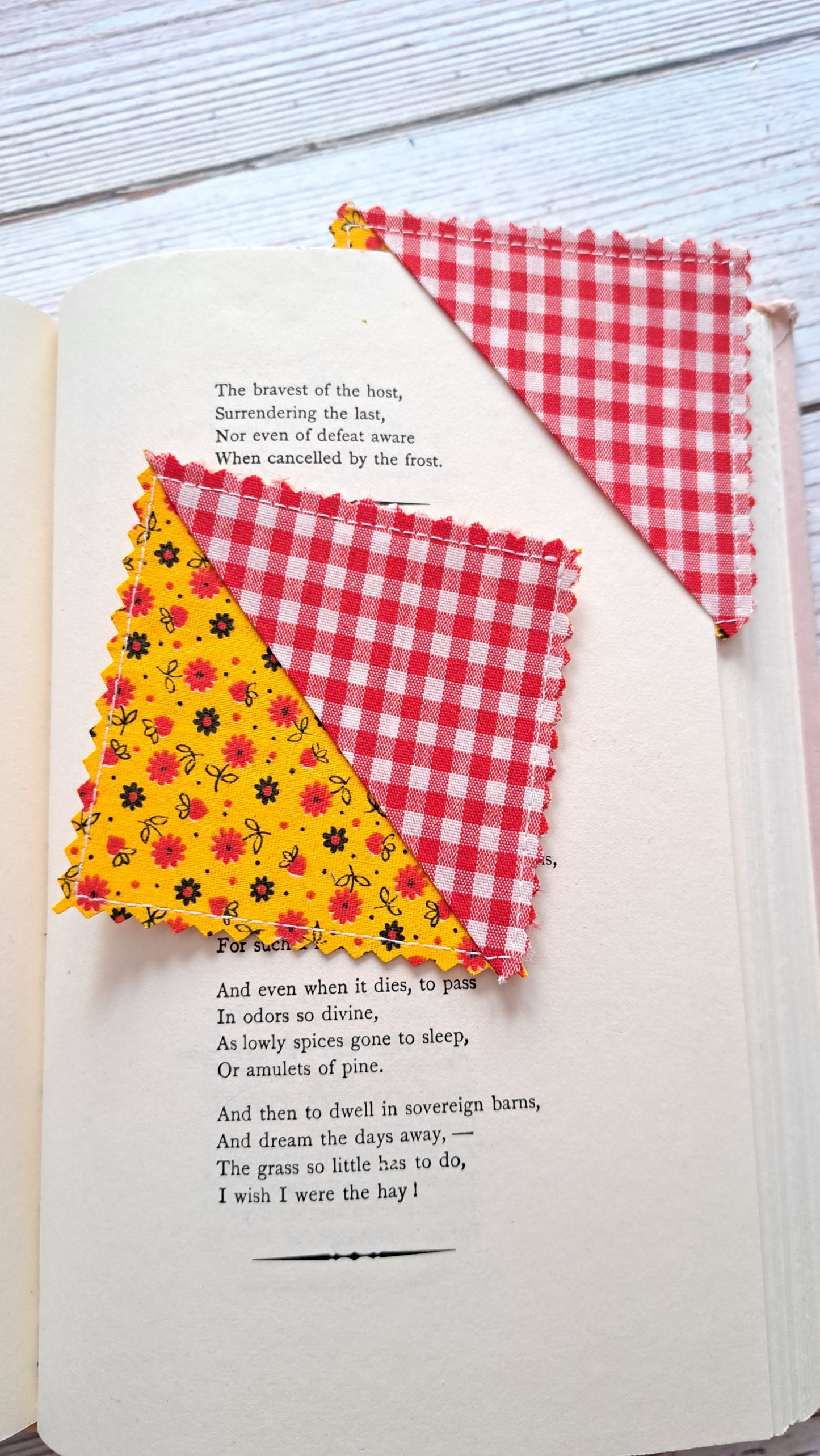 Red and White Gingham with Red Daisies on Yellow Fabric Corner Bookmark