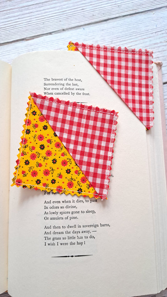 Red and White Gingham with Red Daisies on Yellow Fabric Corner Bookmark