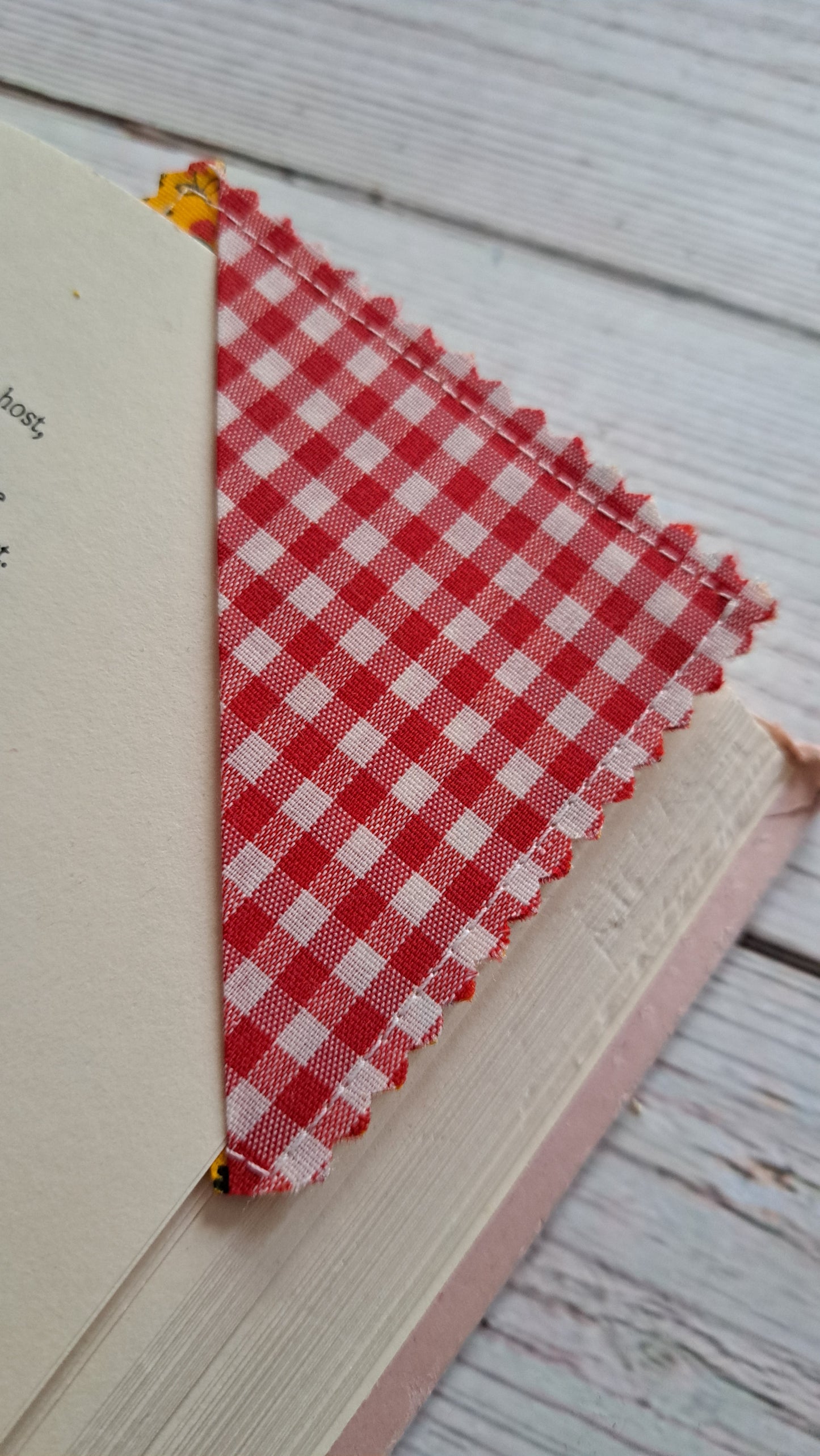 Red and White Gingham with Red Daisies on Yellow Fabric Corner Bookmark