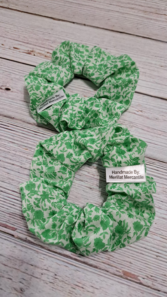 White and Green Floral Scrunchie Set of 2