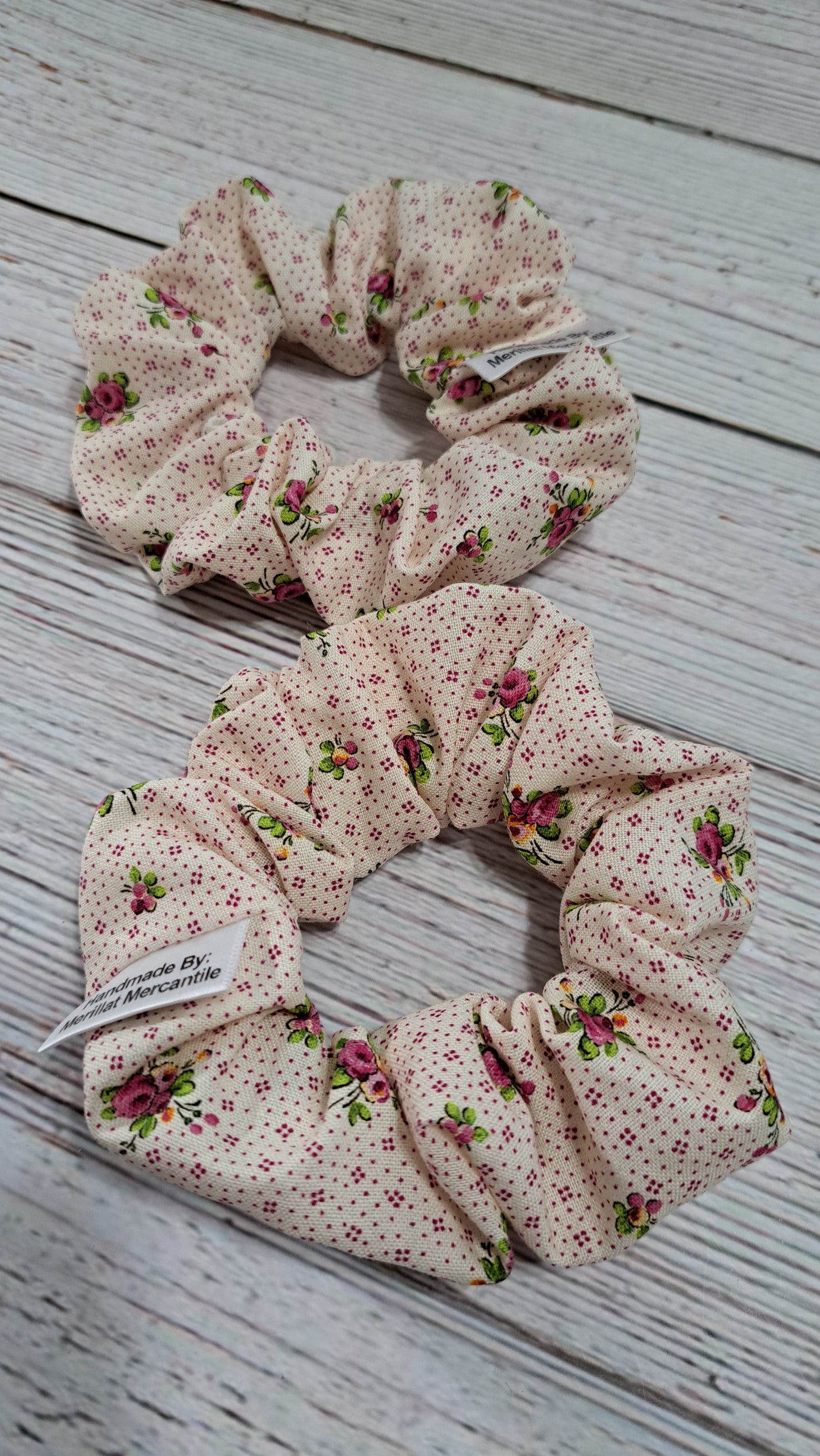Cream with Pink & Green Floral Scrunchie Set of 2
