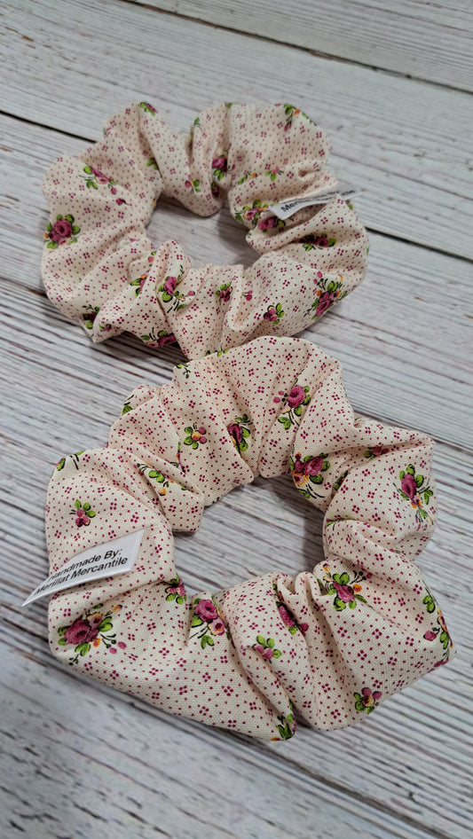 Cream with Pink & Green Floral Scrunchie Set of 2