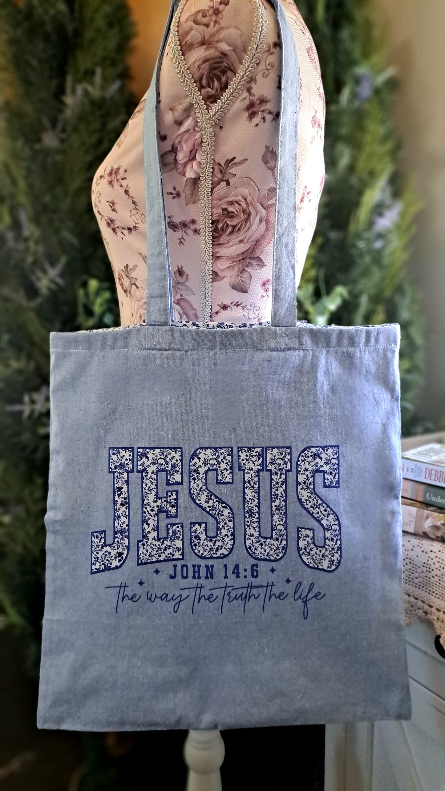 Lt. Blue & White Floral Jesus Tote bag