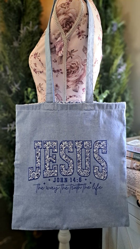 Lt. Blue & White Floral Jesus Tote bag