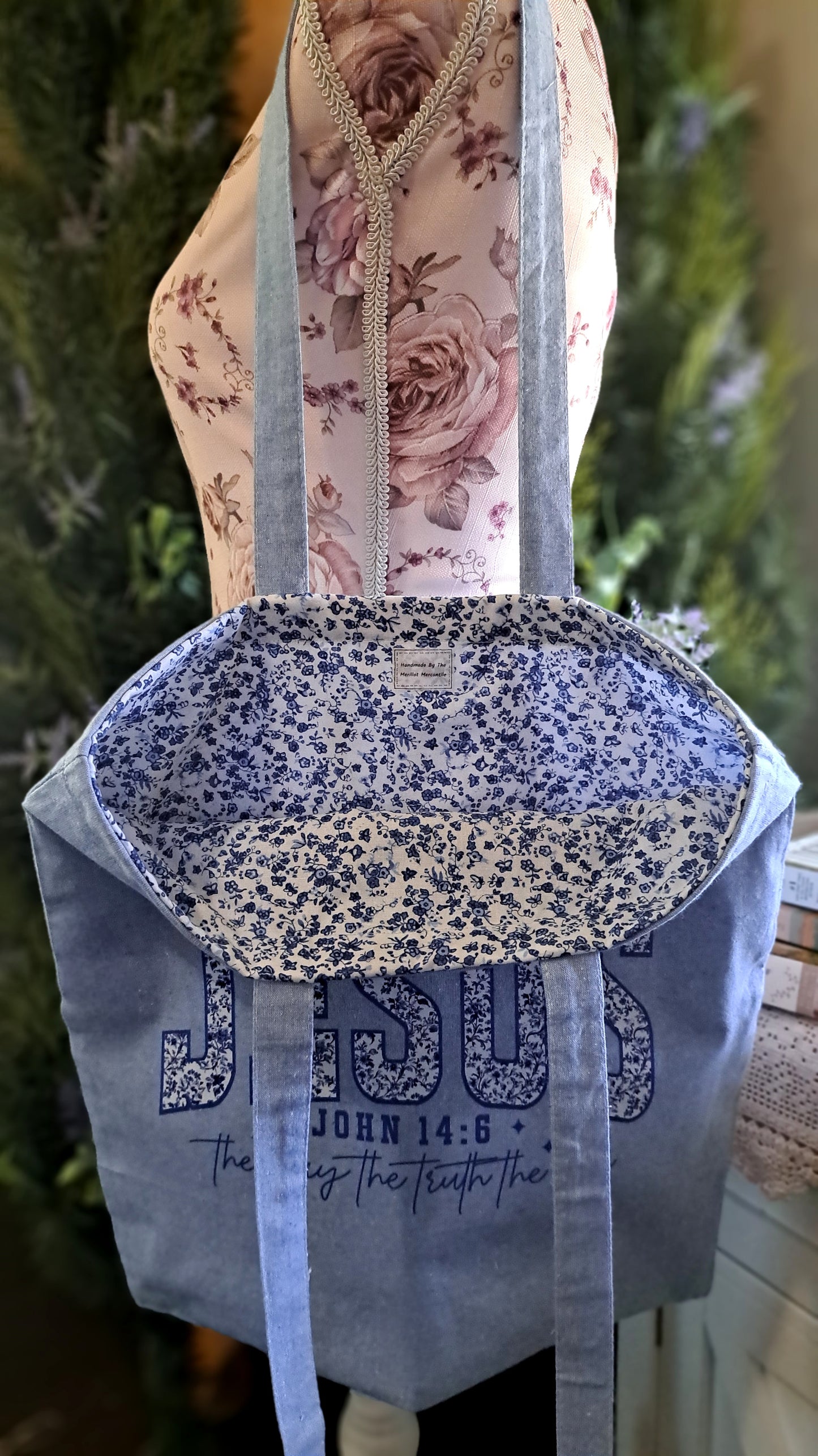 Lt. Blue & White Floral Jesus Tote bag