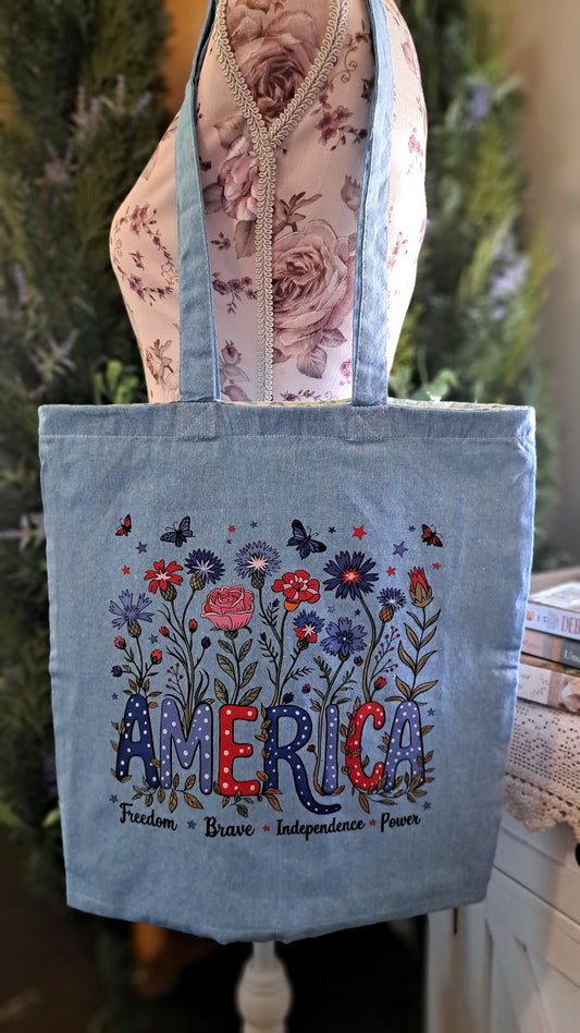 Teal Blue America Floral Tote Bag
