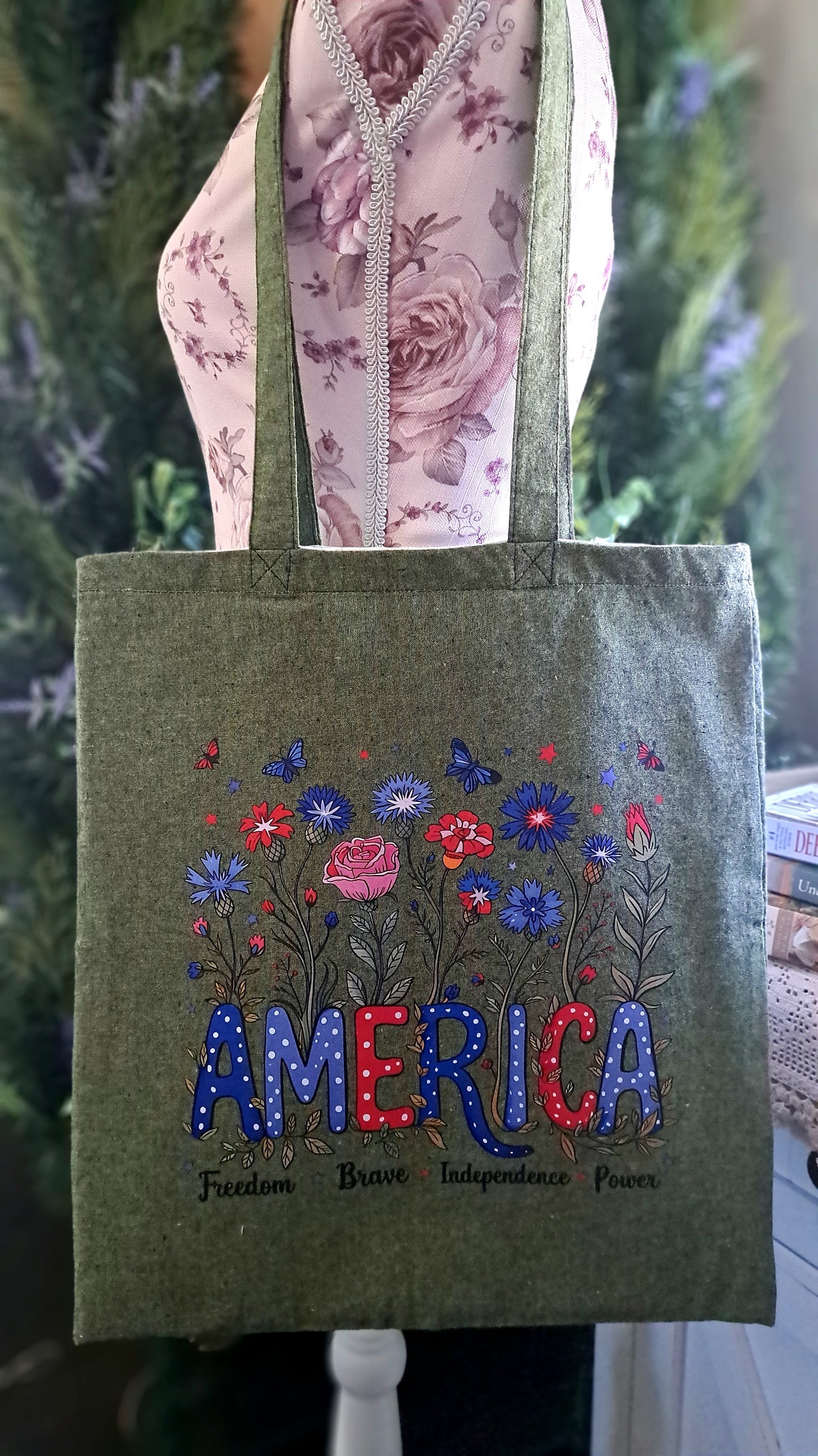 Moss Green American Floral Tote Bag