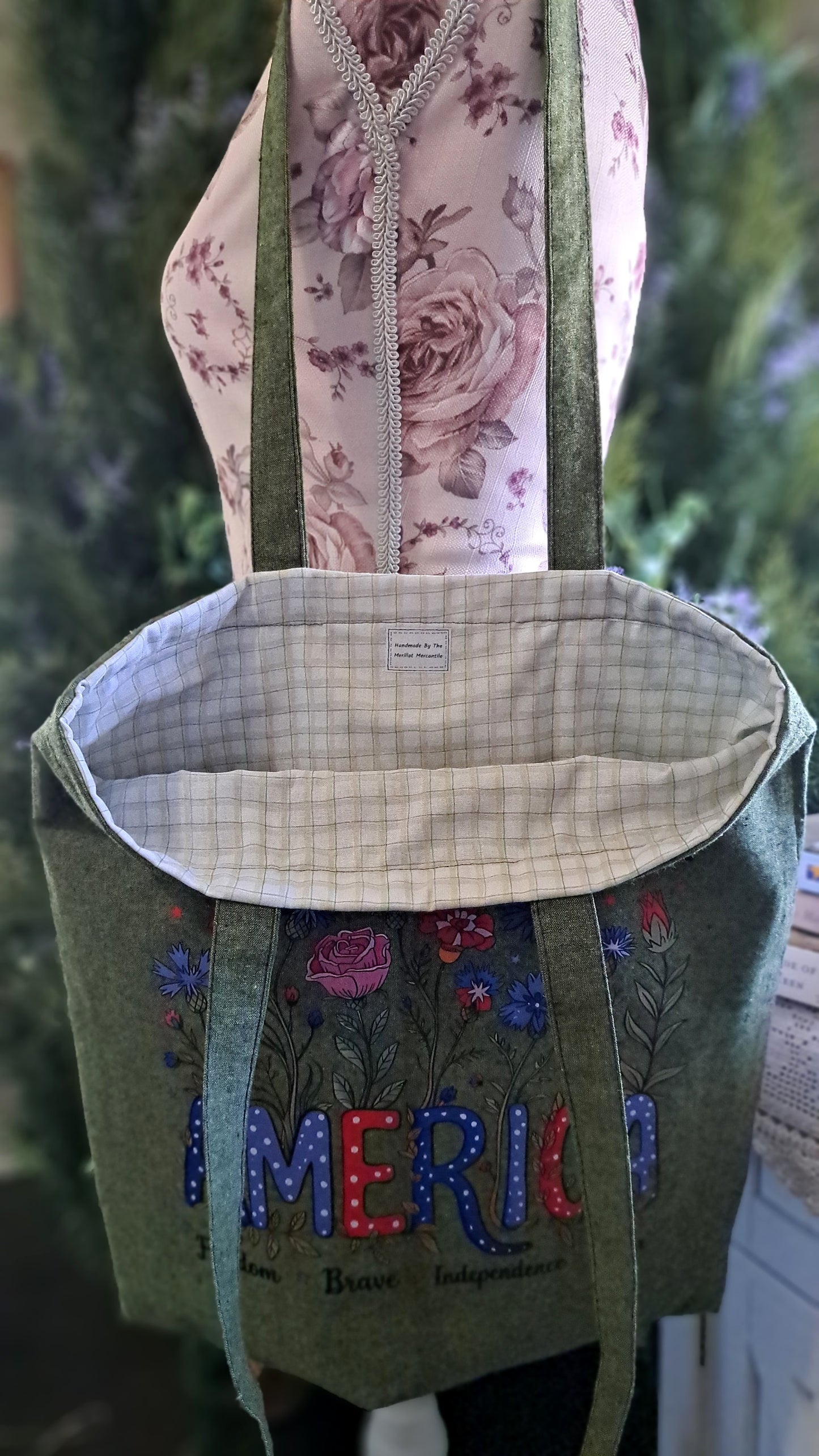 Moss Green American Floral Tote Bag