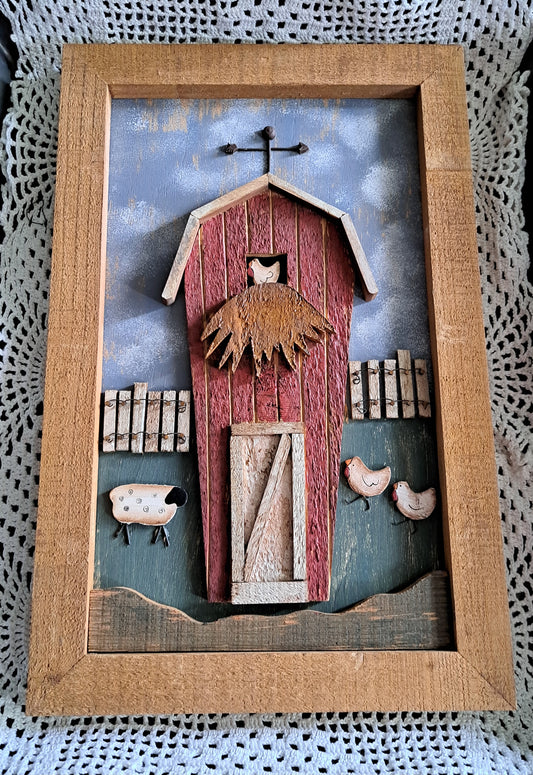 Primitive Framed Wood Art-Barn/Sheep/Chickens