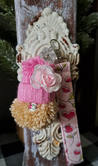 Yarn Gnome Key/Bag Charm with Light Pink Rose