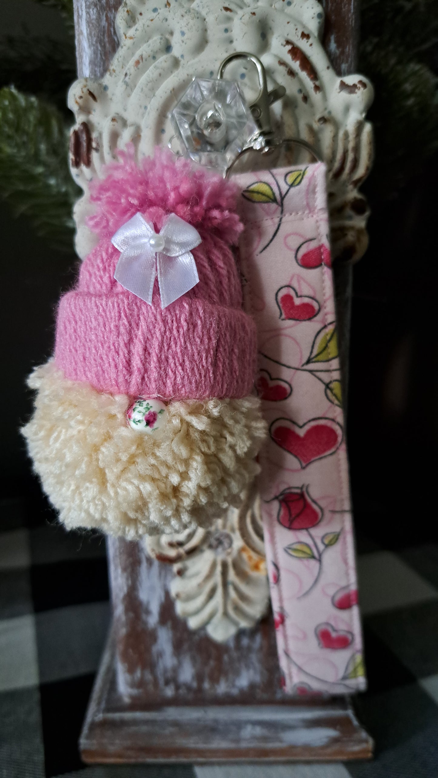Yarn Gnome Key/Bag Charm with White Bow & Pearl