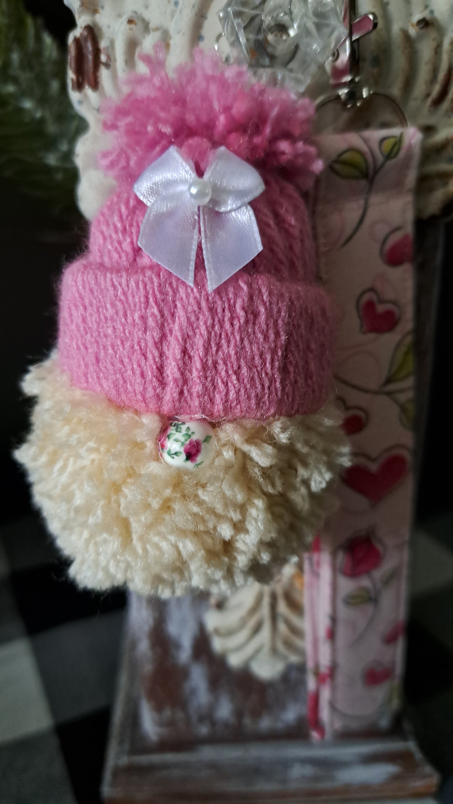 Yarn Gnome Key/Bag Charm with White Bow & Pearl